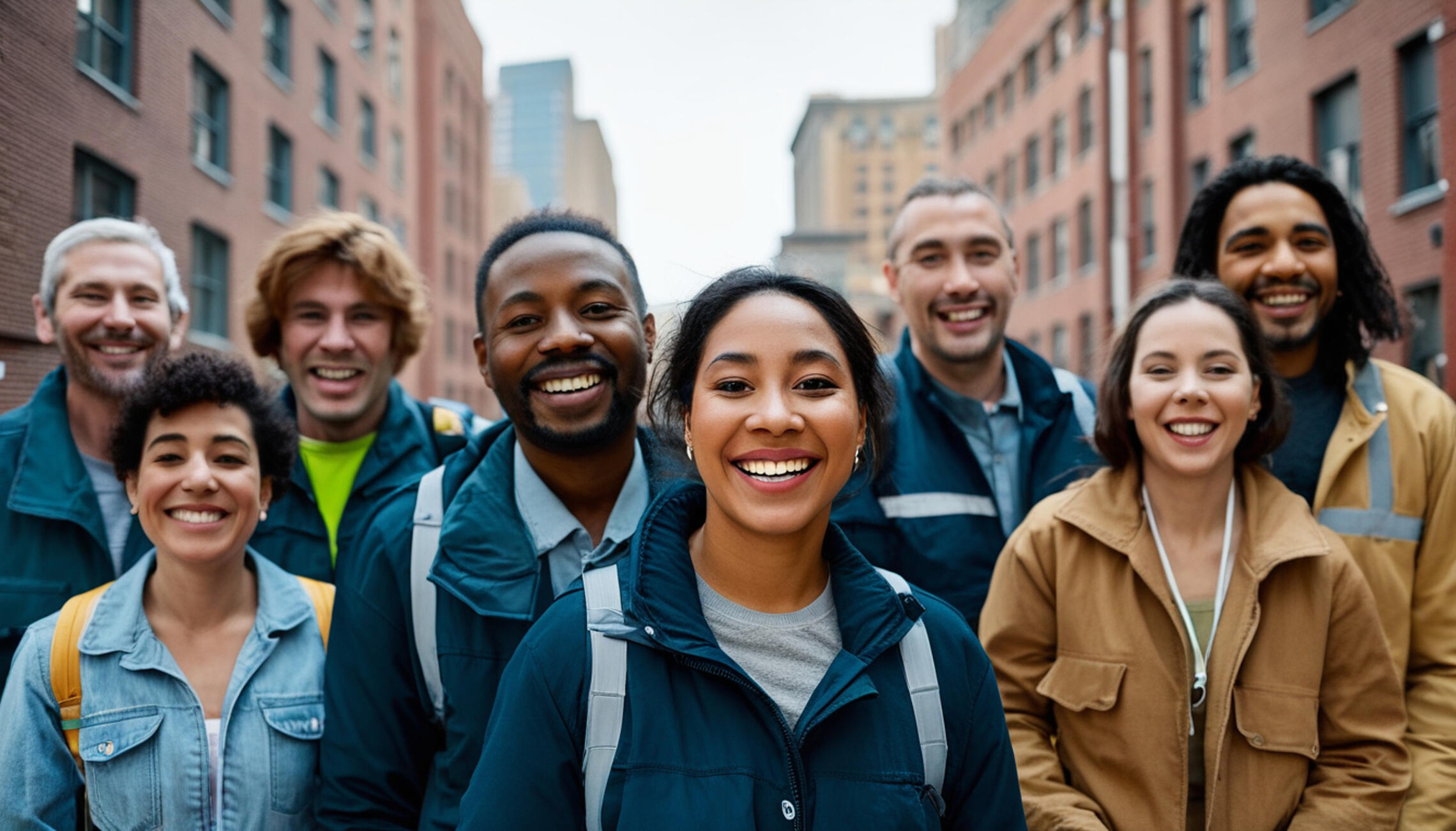 Shelter staff greeting and guiding a family toward permanent housing in a friendly neighborhood setting.